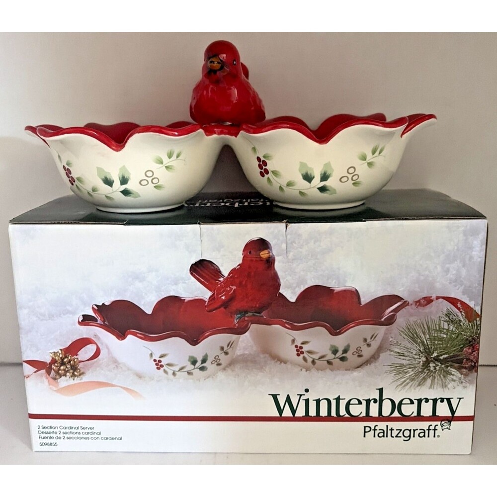 Pfaltzgraff Winterberry 2 Section Divided Cardinal Serving Bowl Candy Snack Dish